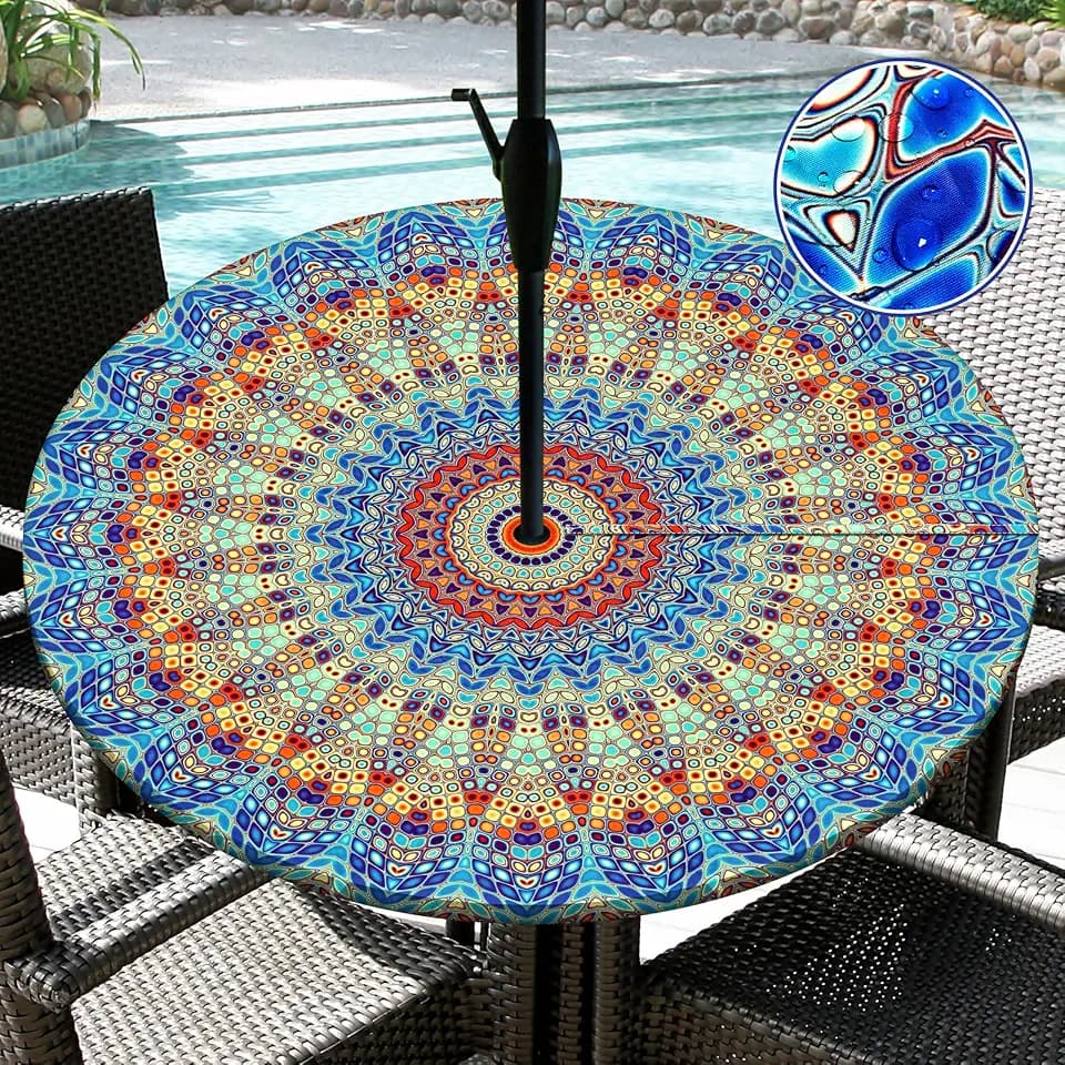 Round Outdoor Tablecloth with Umbrella Hole Waterproof Patio Table Covers Round Fitted Tablecloth with Elastic Zippered Round Outdoor Table Cloth for Picnic, Camping, Garden
