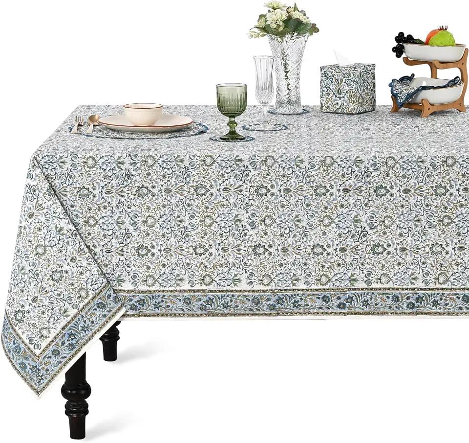 Ridhi Indigo Hand Block Print Rectangle Tablecloth 108x60 Inch