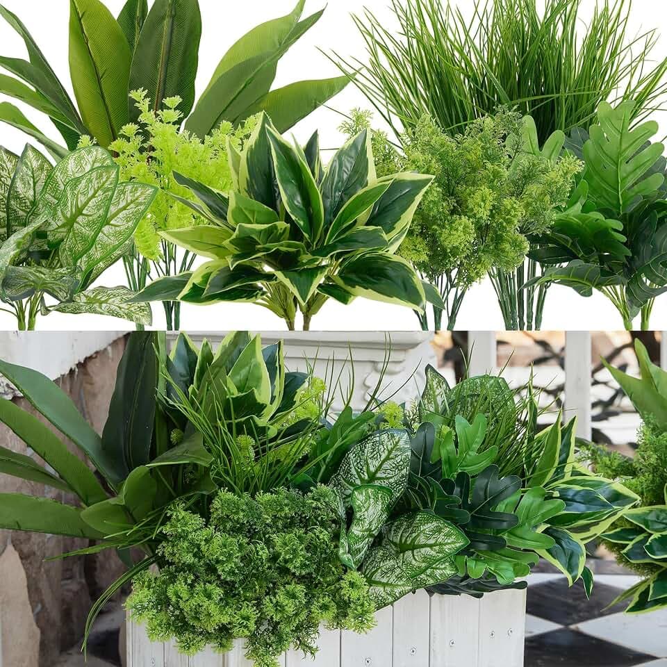 18Pcs Outdoor Artificial Boxwood UV Resistant Fake Stems Plants, Faux Plastic Greenery for Indoor Outside Hanging Plants Garden Porch Window Box Home Wedding Farmhouse Décor