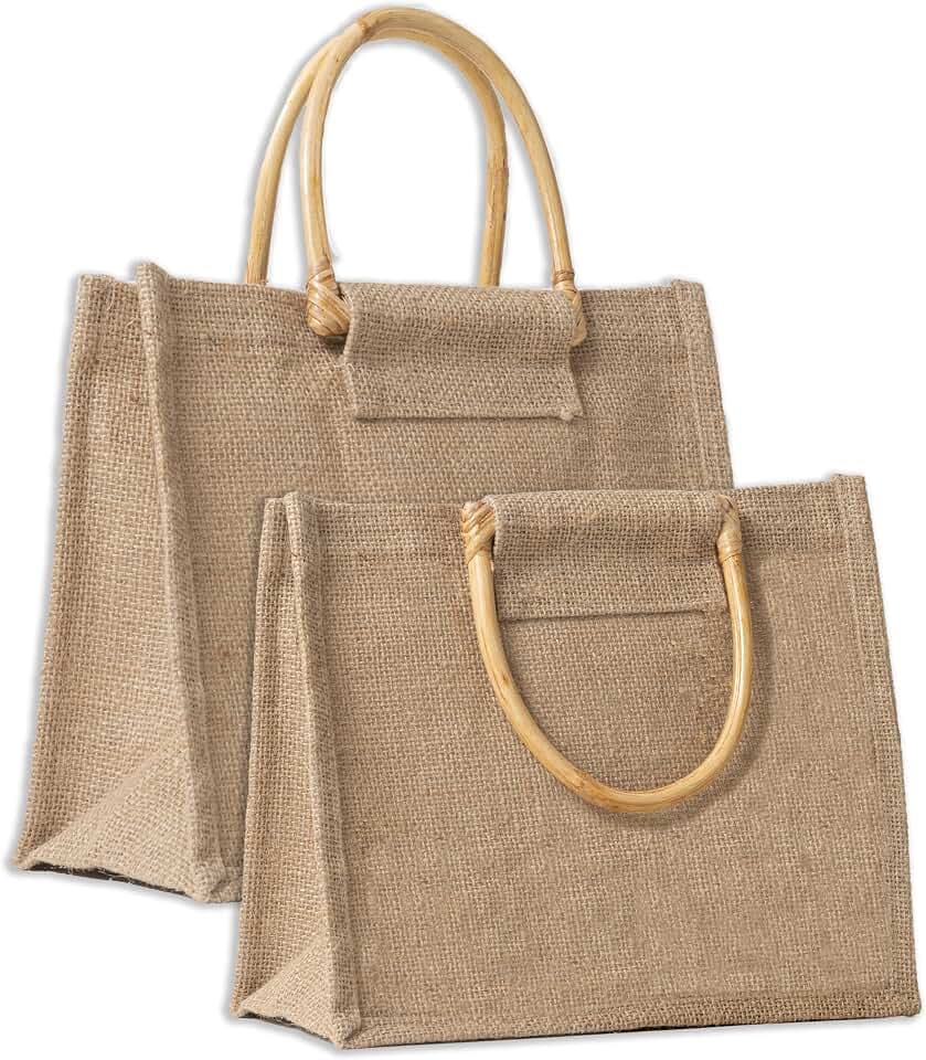 IPEA 2x Jute Tasche mit Holzgriffen zum Einkaufen, Verbringen und für die Freizeit – 2 Stück – Shopper aus natürlicher Jute – Einkaufstasche für Abend, Meer, Strand – Elegantes Design – 26 x 23 cm
