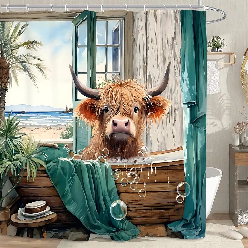 Highland Cow Summer Shower Curtain 72Wx72L Inch Funny Cute Cattle Ocean View Landscape Bathtub Calf Tropical Hawaii Scene Palm Leaves Bathroom Decor Sea Beach Waterproof Fabric 12 Plastic Hook