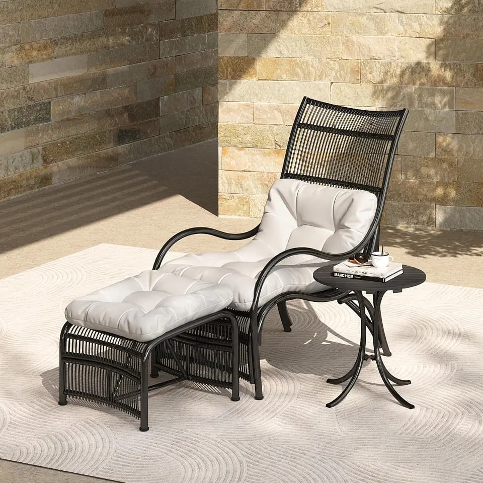 Christopher Knight Home Hanley Patio Wicker Lounge Chair with Ottoman Footrest+Coffee Table, 3-Piece Outdoor Furniture Set for Porch/Balcony/Deck/Backyard, Metal Frame and Soft Cushions, Beige+Black