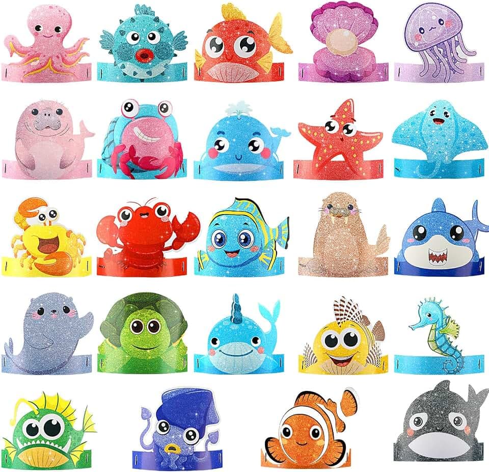 Tinlade 48 Pcs Under the Sea Party Hats Ocean Theme Headbands Sea Animals Paper Crowns for Birthday Party Decoration Favor