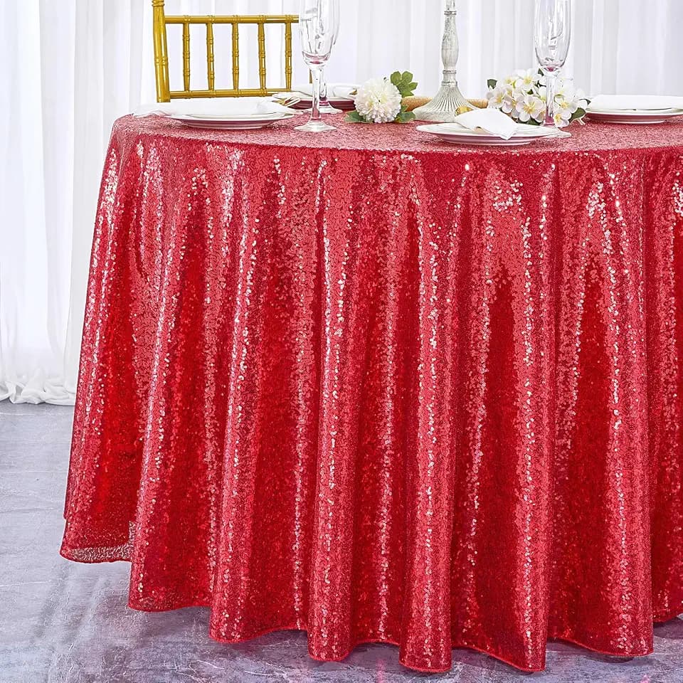 QueenDream Red Sequin Round Tablecloth 120 Inch Glitter Party Table Cloth
