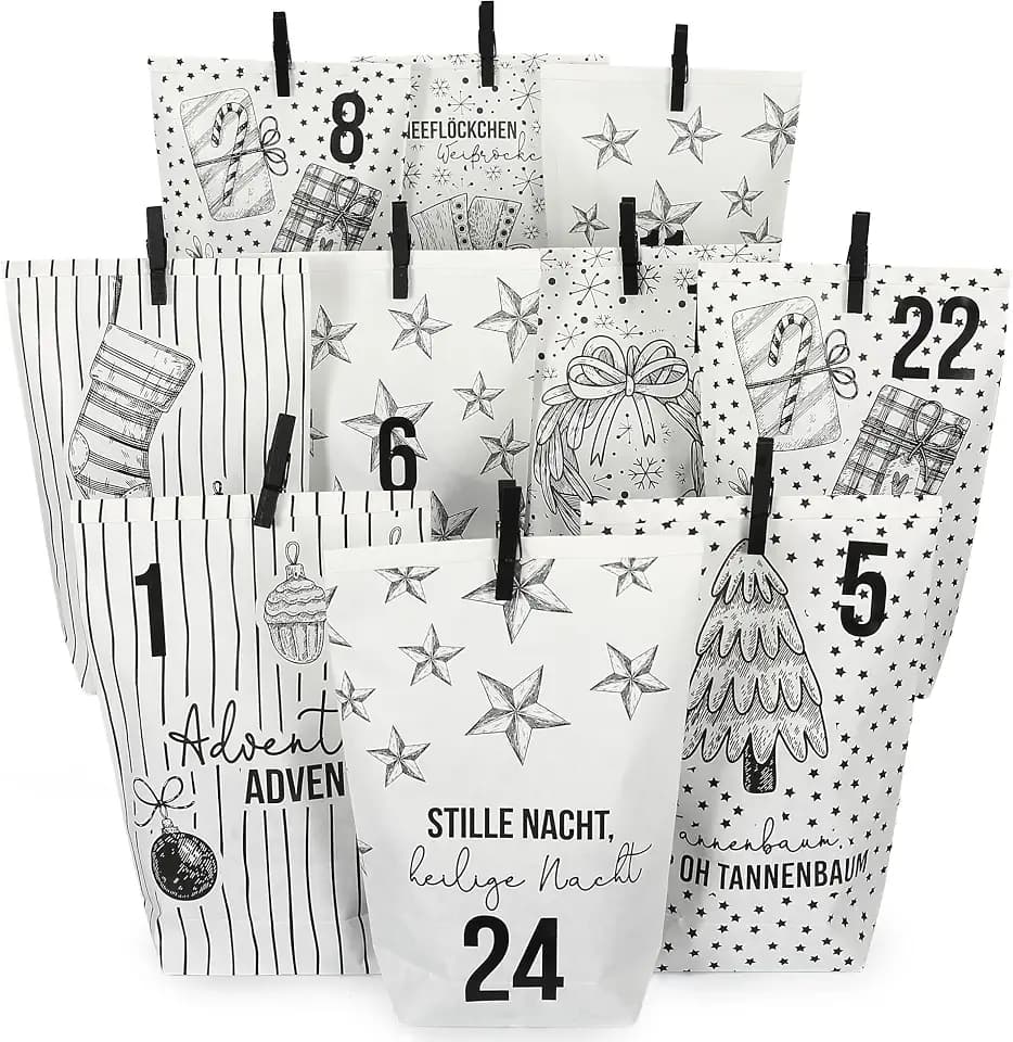 Papierdrachen Adventskalender 2025 zum Befüllen - 24 weiße Papiertüten mit Zahlenaufklebern - Motiv Christmas - DIY zum Basteln & Verschenken - Weihnachten