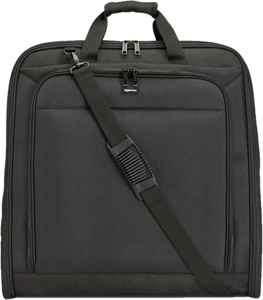 Amazon Basics 46" Premium Garment Bag for Travel, Suit Bag with Shoulder Strap for Suits and Dresses, 1680D Polyester Fabric, Exterior/Interior Pockets, Leather-reinforced Corners, Trifold, Black