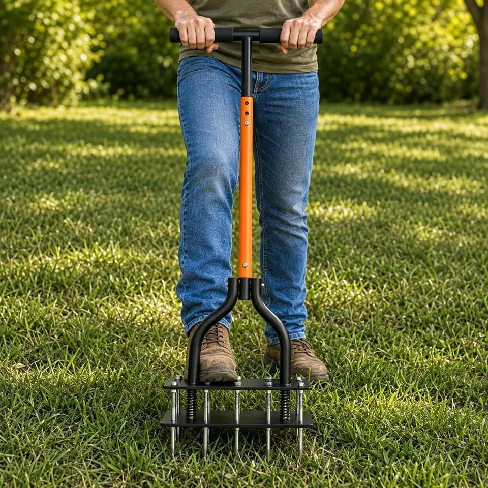 Lawn Aerator Tool with Dual-Layer Self-Cleaning Spikes, 15 Spike Heavy Duty Manual Lawn Aerator for Compact Soil, Anti-Clog Grass Aerator for Yard, Garden & Lawn Care