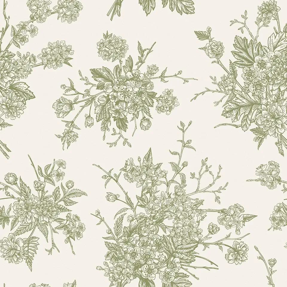 Green Floral Wallpaper Peel and Stick Beige Cream Vintage Wallpaper Vinyl