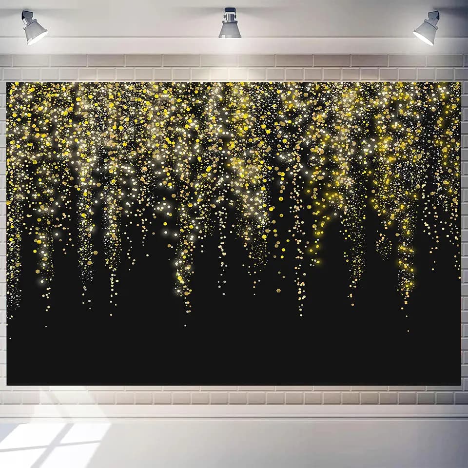 Black and Gold Backdrop 10 x 8 ft Golden Glitter Photography Background Polyester Fabric Banner Sparkle Sequin Bokeh Portrait Picture Props for Happy Birthday Disco Glow Graduation Party Decoration