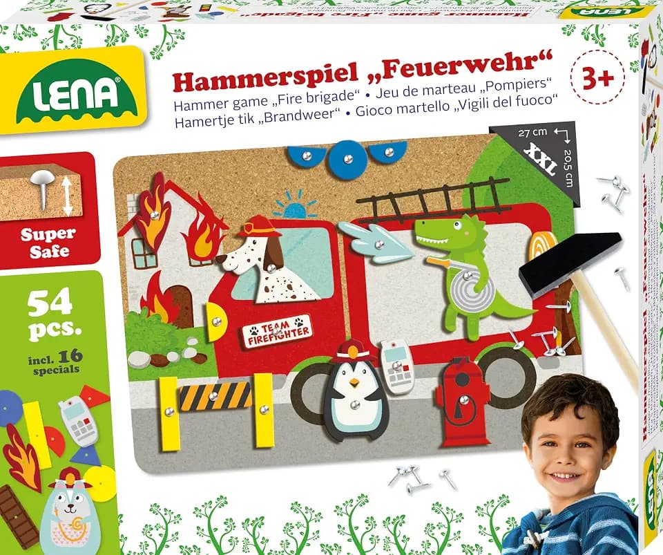 Lena 65836 - Hammerspiel Feuerwehr, Nagelspiel mit 38 farbigen Teilen & 16 Sonderteile, XXL Grundplatte aus Kork ca. 28 x 19,5 cm, Hammer und Nägel, Klopfspiel für Kinder ab 3 Jahre, Hämmerchenspiel