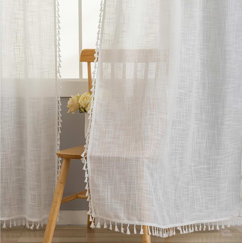 2 Stück Weiß Natürliches Leinen Mischgewebe Bauernhaus Landhausstil Vorhänge für Schlafzimmer Wohnzimmer (H200 x B140 cm, Weiß Quasten)