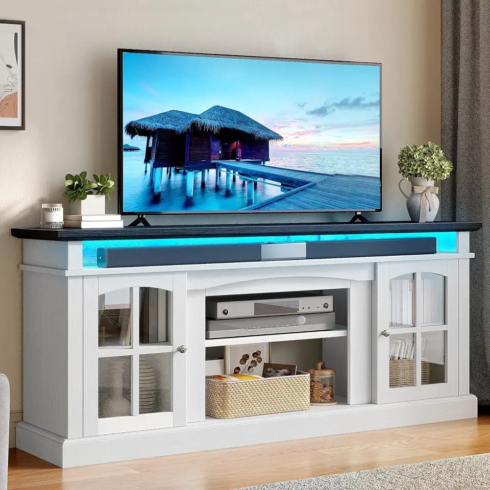 YITAHOME LED Farmhouse TV Stand for 75 Inch w/Outlets, Modern Entertainment Center with Glass Doors and Adjustable Storage Shelves, Media Console TV Cabinet for for Living Room, White/Black