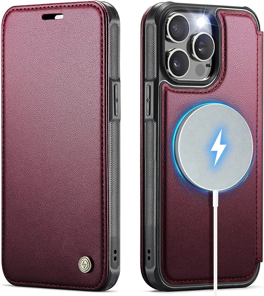 for iPhone 14 Pro Max Slim Wallet Case Wireless Charging, Wine Red