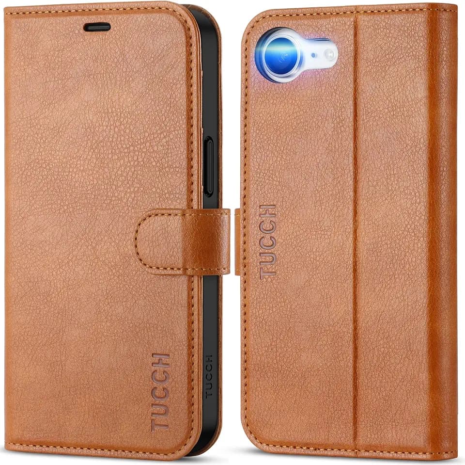 TUCCH Wallet Case for iPhone 17e/16e (6.1"), 4 Card Holders, Light Brown