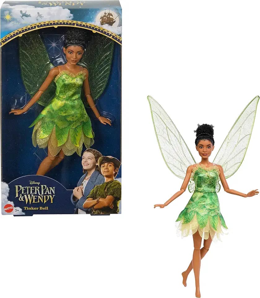 DISNEY Peter Pan & Wendy Tinker Bell Feenpuppe mit beweglichen Flügeln und grünem Kleid, inspiriert vom Film, Geschenk für Kinder zum Nachspielen von Szenen oder eigenen Abenteuern, HNY37