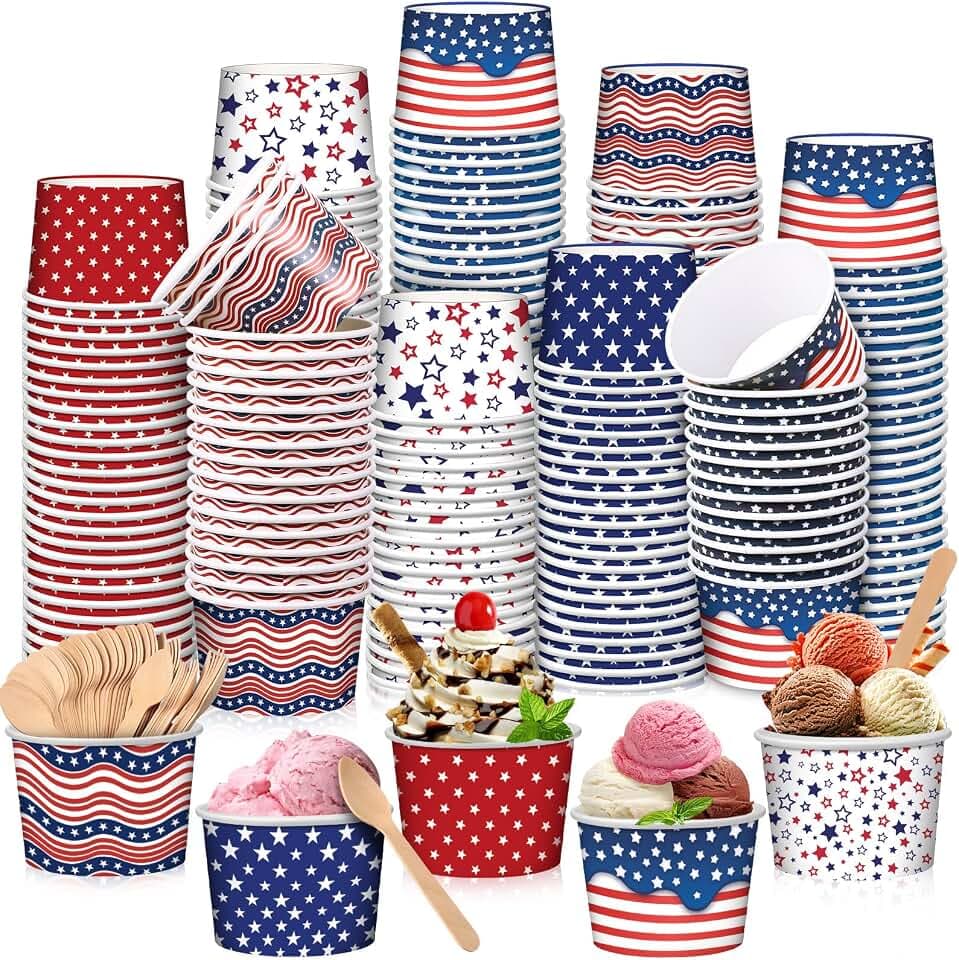 Gejoy 100 Pack 8oz 4th of July Ice Cream Cup with Spoons Patriotic Bowls