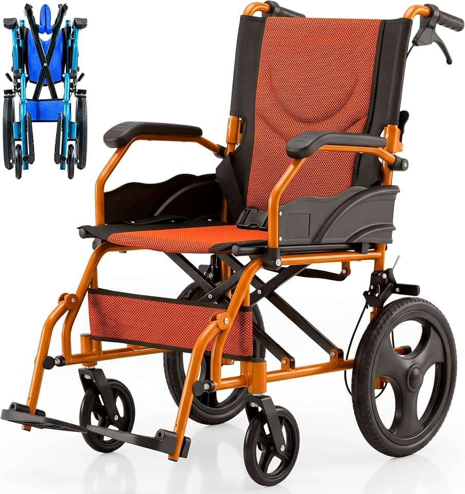 Mobiclinic®, Rollstuhl Faltbar Leicht, Aluminium, 46 cm Sitzfläche, Doppelbremssystem, Klappbare Rückenlehne und Fußstützen, mit Ankipphilfe, Leichtbauweise, Orange, Piramide