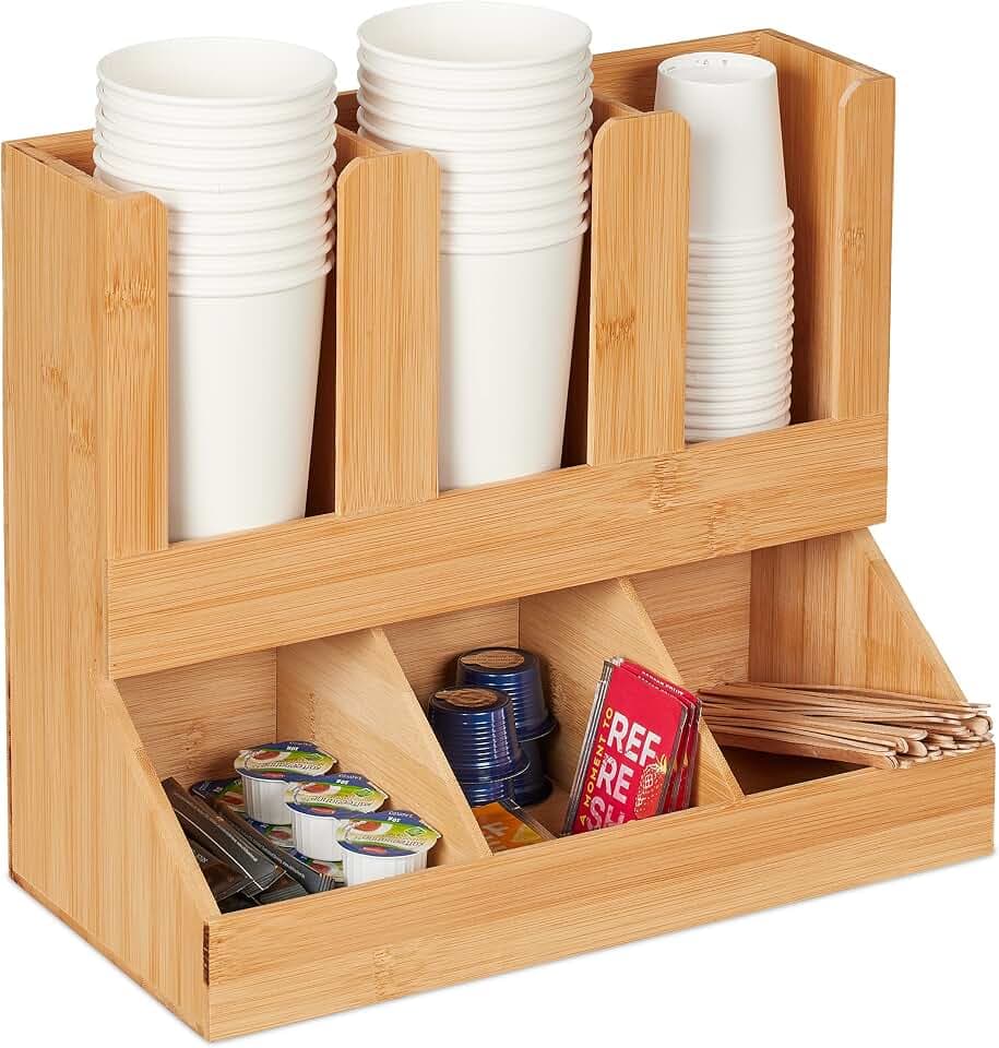 Relaxdays Kaffee Organizer, 6 Fächer, Bambus, HBT: 29,5 x 34,5 x 17 cm, Kaffeestation Milch, Zucker, Kaffeebecher, Natur