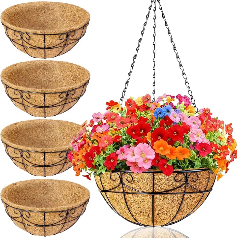 4 Pack 10 Inch Hanging Baskets for Plants Outdoor - Metal Hanging Planters for Outdoor Plants with Coco Liners - Heavy Duty Empty Hanging Flower Pots for Porch Patio Garden