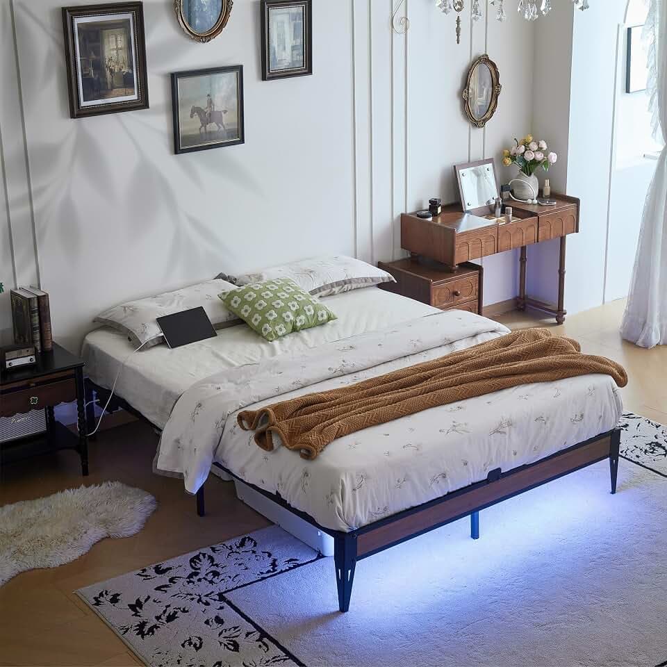 Queen Metal Platform Bed Frame with LED Light Strip & Charging Station, 12.6” Heavy Duty Steel Slat Support, Noise-Free, Anti-Slip Mattress Stopper, No Box Spring Needed, Easy Assembly, Black
