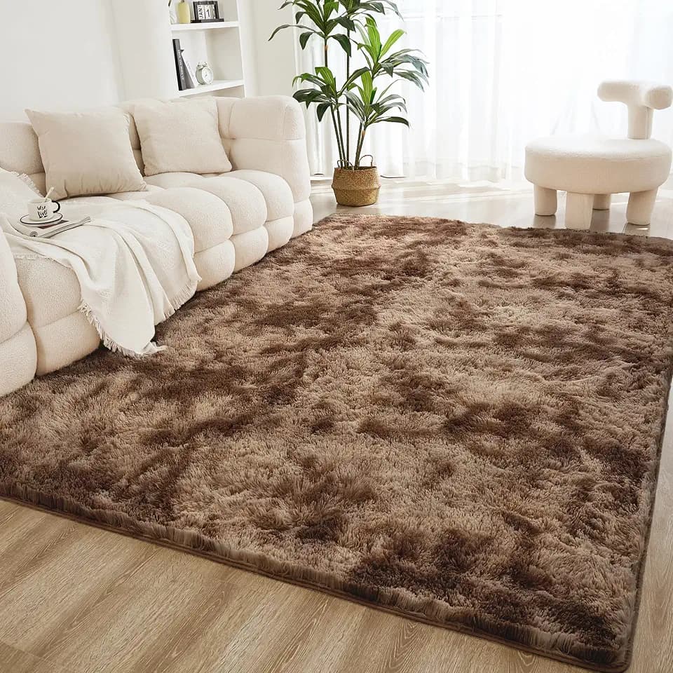 Litanika 9x12 Shag Area Rug for Bedroom, Tie-Dyed Brown Plush Rug