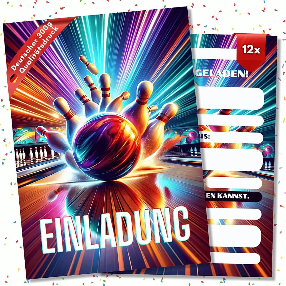 HIDEBLOOM Bowling Einladungskarten Kindergeburtstag Junge - 12 Stück - DIN A6 (10,5 cm x 14,8 cm) - Einladung Bowling Kindergeburtstag - Einladungskarte Bowling Kinder - Strike