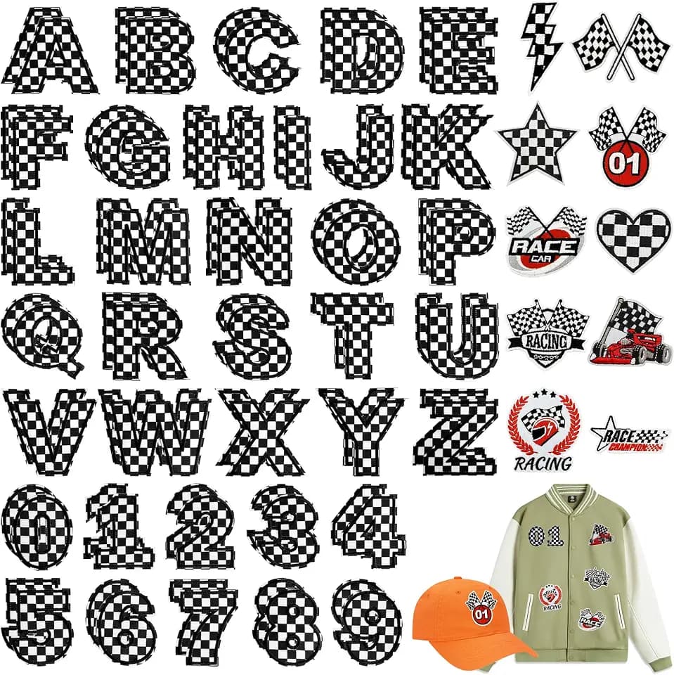 82 Pcs Checkered Letters and Numbers Racing Iron on Patches, Racing Flag Embroidered Applique Sew on Patches for Clothes Backpacks Bags Hats Jackets