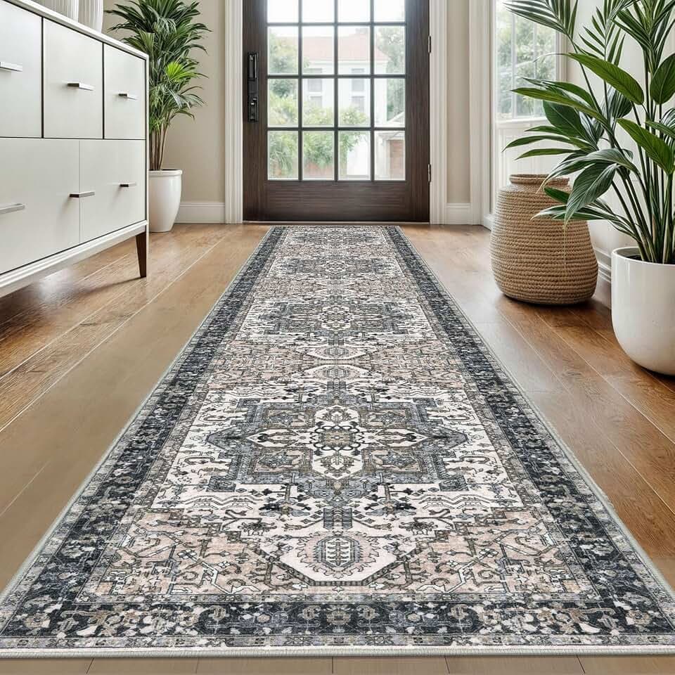 KOZYFLY Long Runners for Hallways 2x10 Ft Washable Kitchen Runner Rug Boho Style Entryway Rug Indoor Printed Faux Wool Stair Runner Carpet for Stairs Bedroom Kitchen Hall, Blue Gray Black & Beige