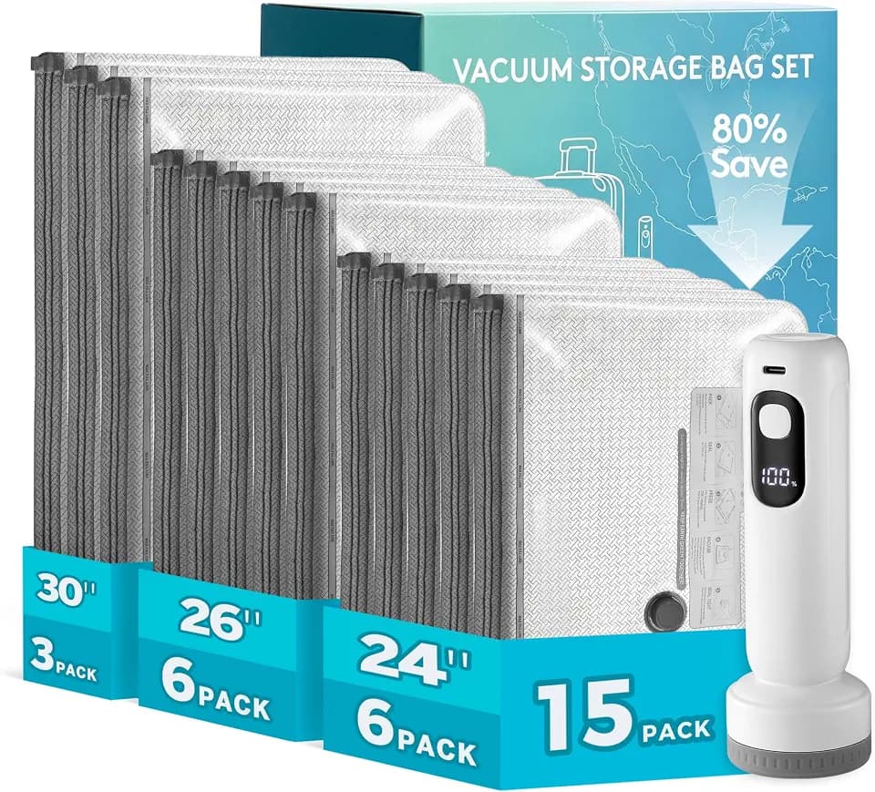 15 Pack Vacuum Bags for Travel with Cordless Electric Pump, Vacuum Storage Bags for Carry-On Luggage, 3 Sizes Compression Space Saver Bags for Clothes and Suitcases