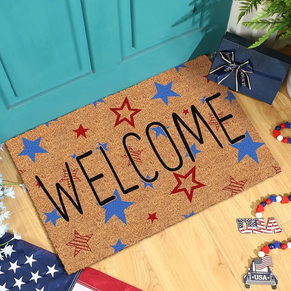 Ceenna 4th of July Patriotic Coir Door Mat Outdoor Red White Blue 250th Anniversary Star Welcome Rug Patriotic Doormat Non-Slip Entrance Rugs for Independence Day Memorial Day Home Decor 16 x 28 Inch