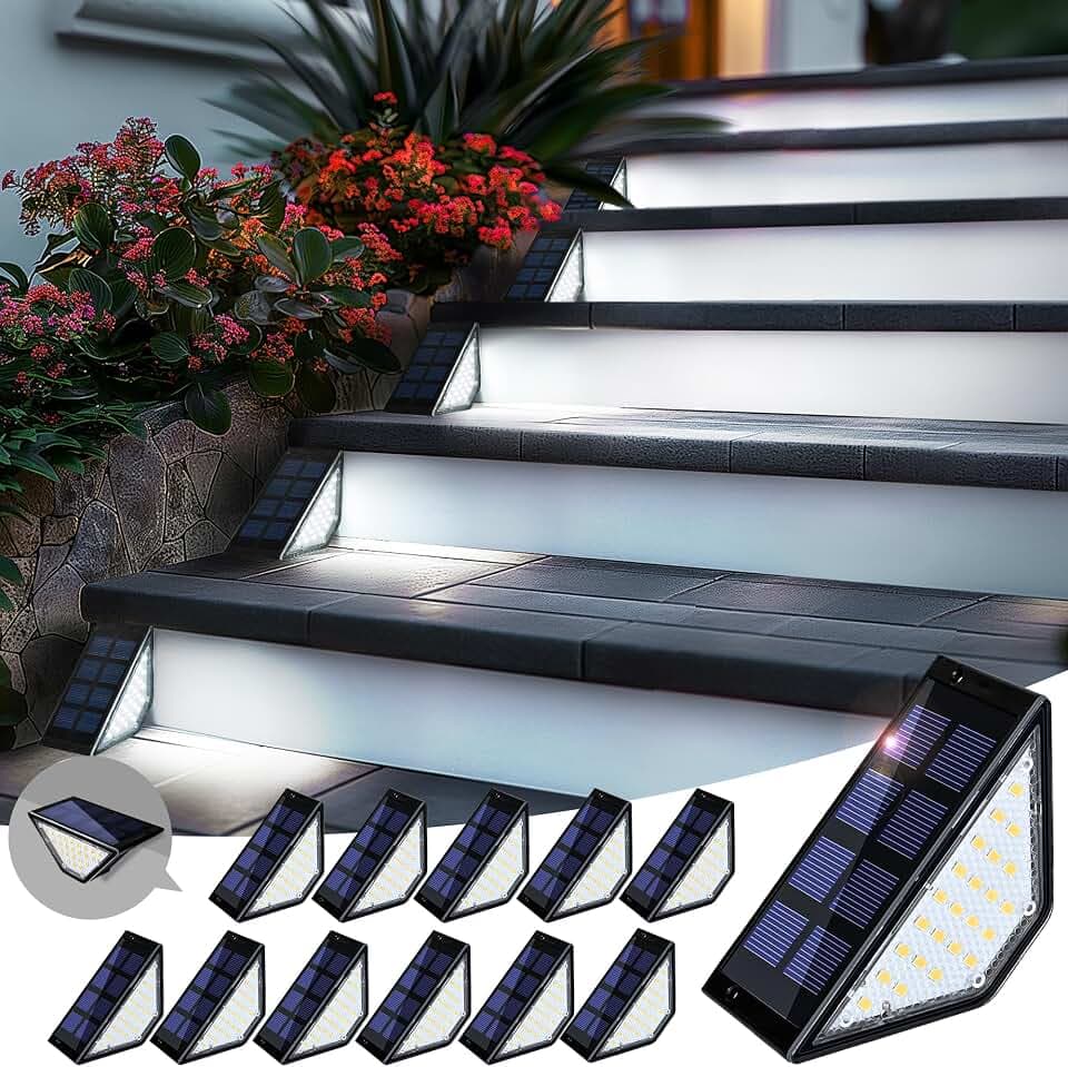 PATIOWIN 12 Pack Solar Step Lights for Outside, 24 LEDs Solar Stair Lights Waterproof IP65, Solar Deck Lights Outdoor Decor for Garden, Porch, Pathway, Patio, Fence(Cold White)