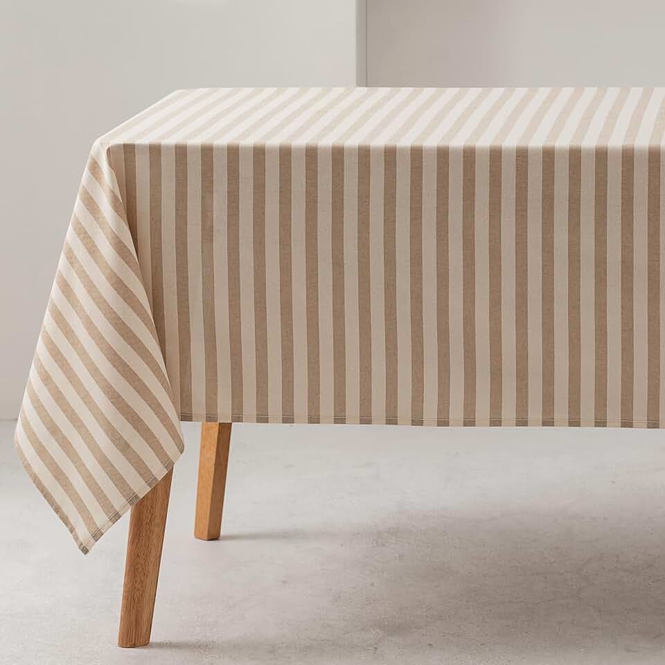 GAMUSI Tischdecke, rechteckig, gestreift, Beige, wasserdicht, Stoff, 100% Baumwolle, waschbar, Innen- und Außenbereich, 140 x 200 cm