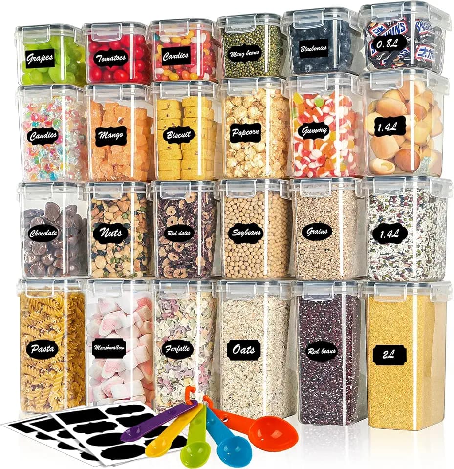 Withosent Vorratsdosen Luftdicht 24er Set, Aufbewahrungsbox Küche mit Deckel aus Plastik, Vorratsbehälter Behälter Organizer für Mehl Müsli Cornflakes, Mit Etikett und Löffel (2L 1.6L 0.8L)