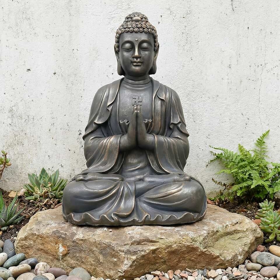 Buddha Statue 23.6 Inch, Outdoor Garden Buddha, Dark Gray