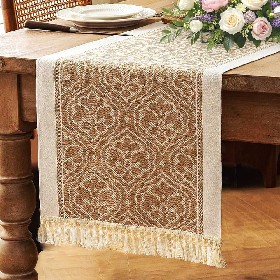 Coffee Scroll Linen Table Runner with Tassels, 14x138 Inch
