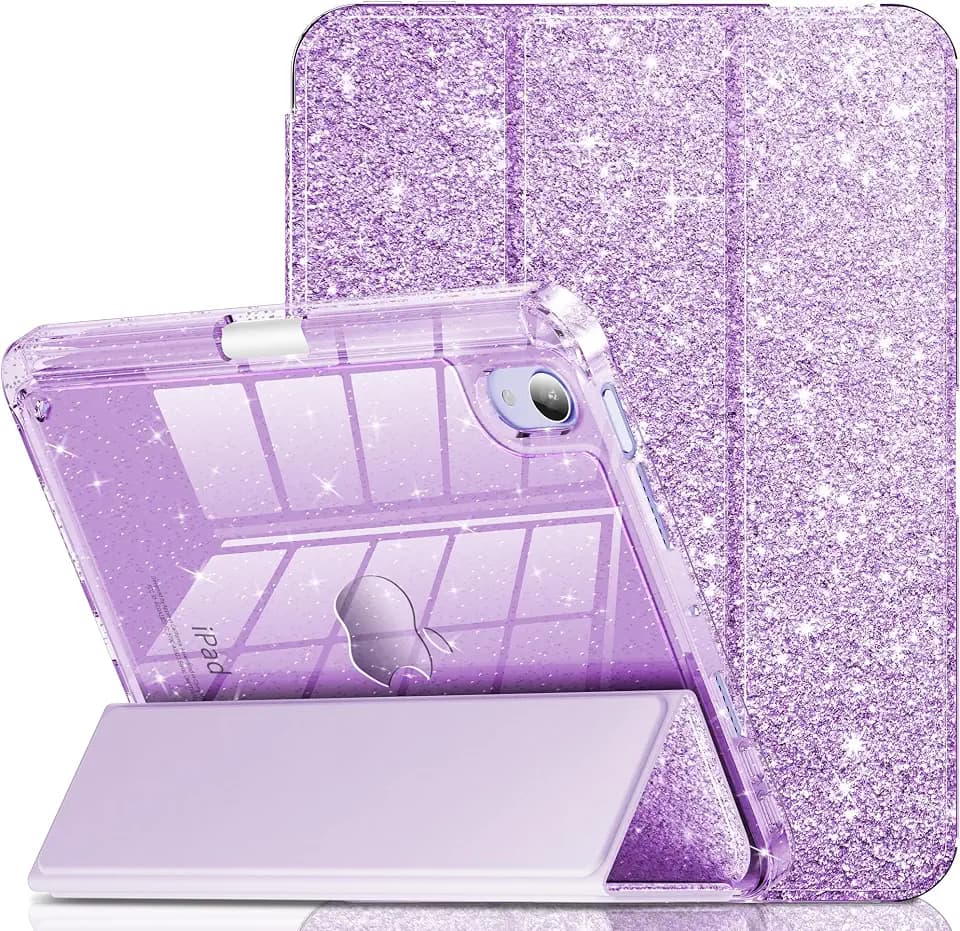 INFILAND for iPad mini 7 Case (A17 Pro), iPad mini 6 Case, iPad mini 7th/6th Generation Case 2024/2021 8.3 Inch, Glitter Cute Protective Clear Cover with Pencil Holder for Kids Girls, Lavender Purple