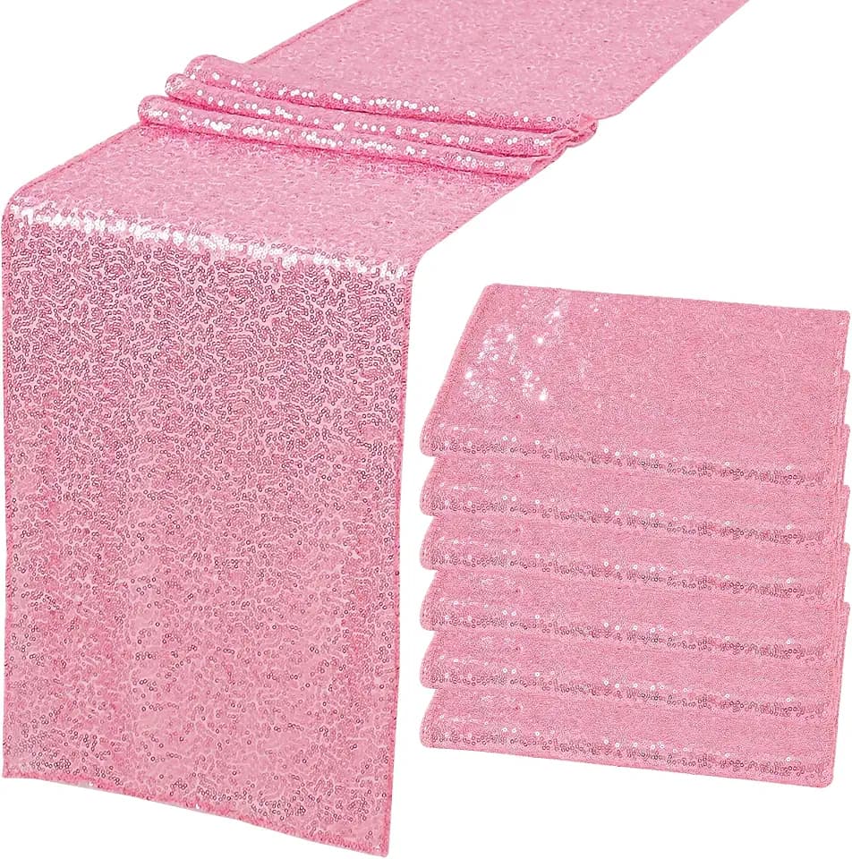 6 Pack Pink Valentine's Day Sequin Table Runner Table Cloths 12" x 70" Sparkle Table Runner for Baby Bridal Shower Wedding Birthday Party Table Decor (Pink)