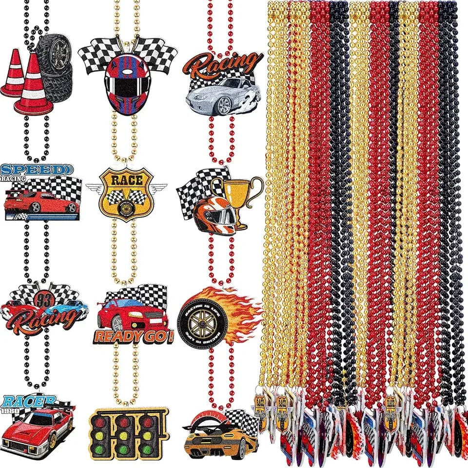 RoundFunny 36 Pcs Race Car Party Favors, 12 Designs Racing Necklaces