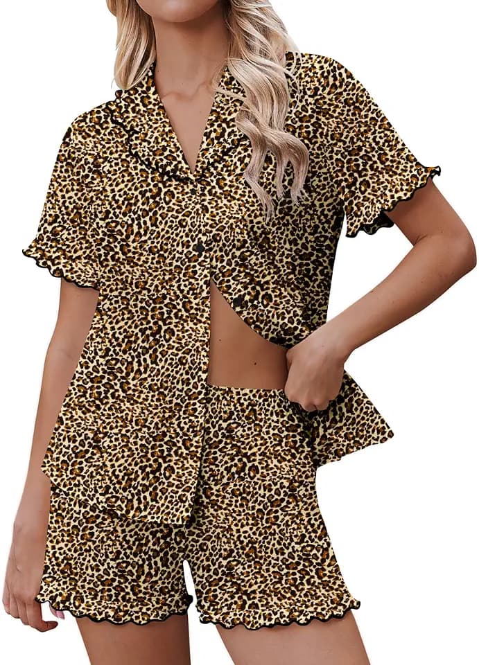 Ekouaer Pajamas for Women Sets Cute Pjs Button Down 2 Piece Short Sleeve Ruffle Lounge Set Sleepwear