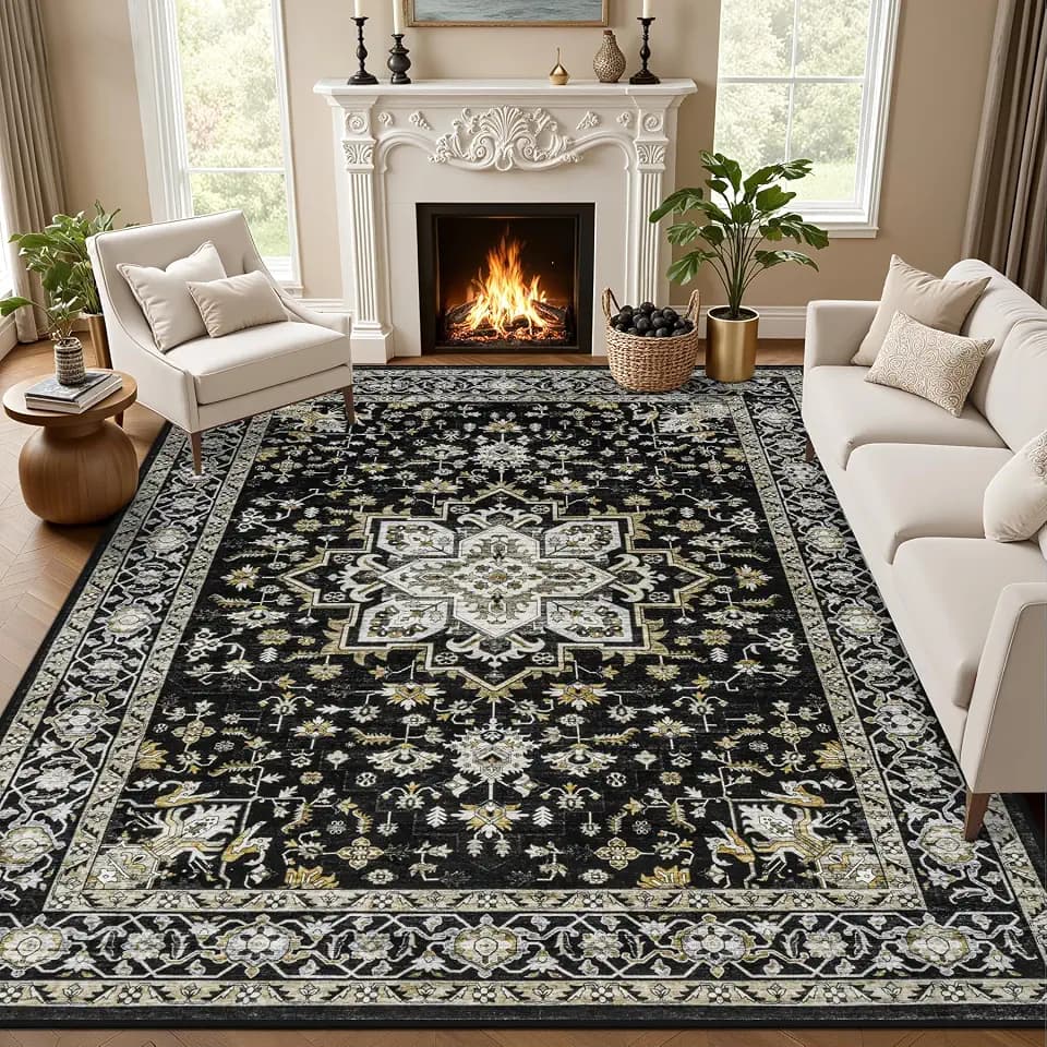 10x14 Area Rugs Living Room: Washable Rug for Bedroom Black Gold