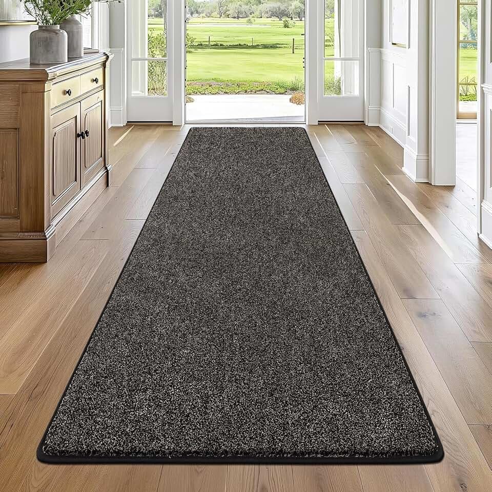 Enyhom Lang Flur Teppich Läufer 80x300cm, Waschbar rutschfest Teppichläufer Flurteppich Küchenteppich Läufer für Eingang Schlafzimmer Wohnzimmer Korridor Schwarz&Grau