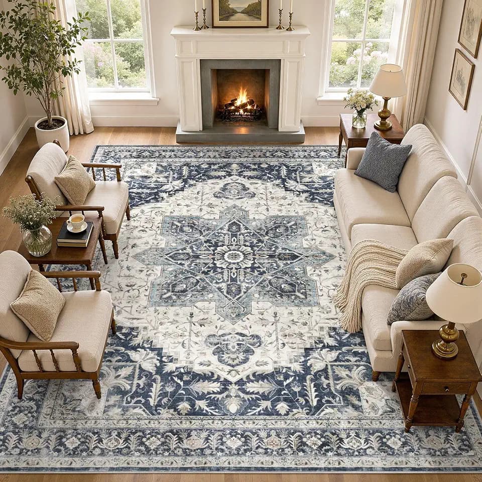 Tortania Area Rug Living Room Rugs - 10x14 Washable Boho Rug Vintage Oriental Distressed Farmhouse Large Thin Indoor Carpet for Living Room Bedroom Under Dining Table Home Office - Indigo