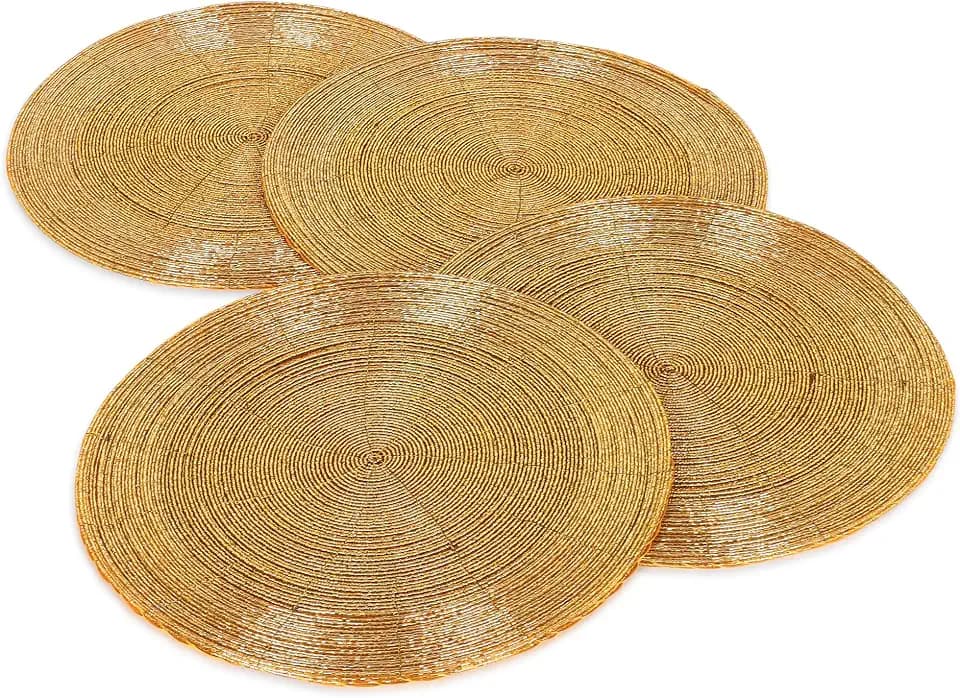 Beaded Placemats, Gold Place Mats Measure 13 Inches Gold Beaded Placemat Set for Party at The Farm - Golden Placemats Set of 4