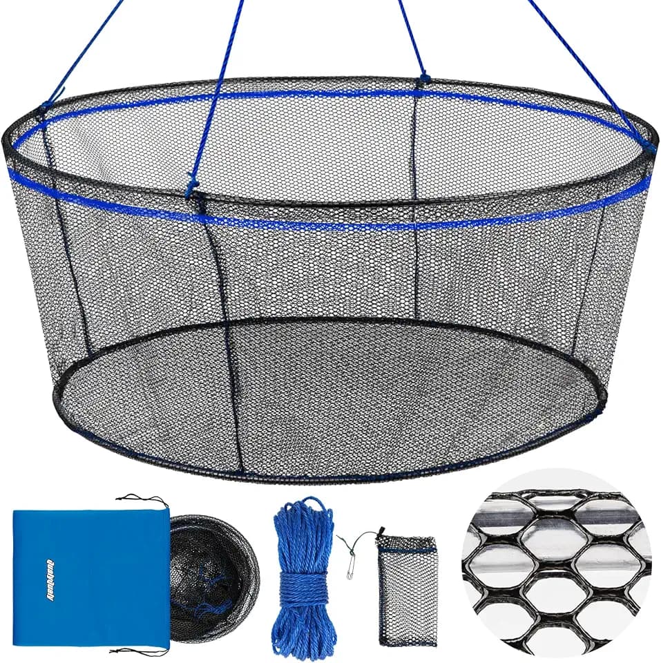 QualyQualy Foldable Fishing Net, Landing Fishing Pier Nets 31"/40" Hoop, Drop Net for Pulling Up Fish with Rope, Portable Bridge Fishing Net for Minnows, Crawfish, Shrimp