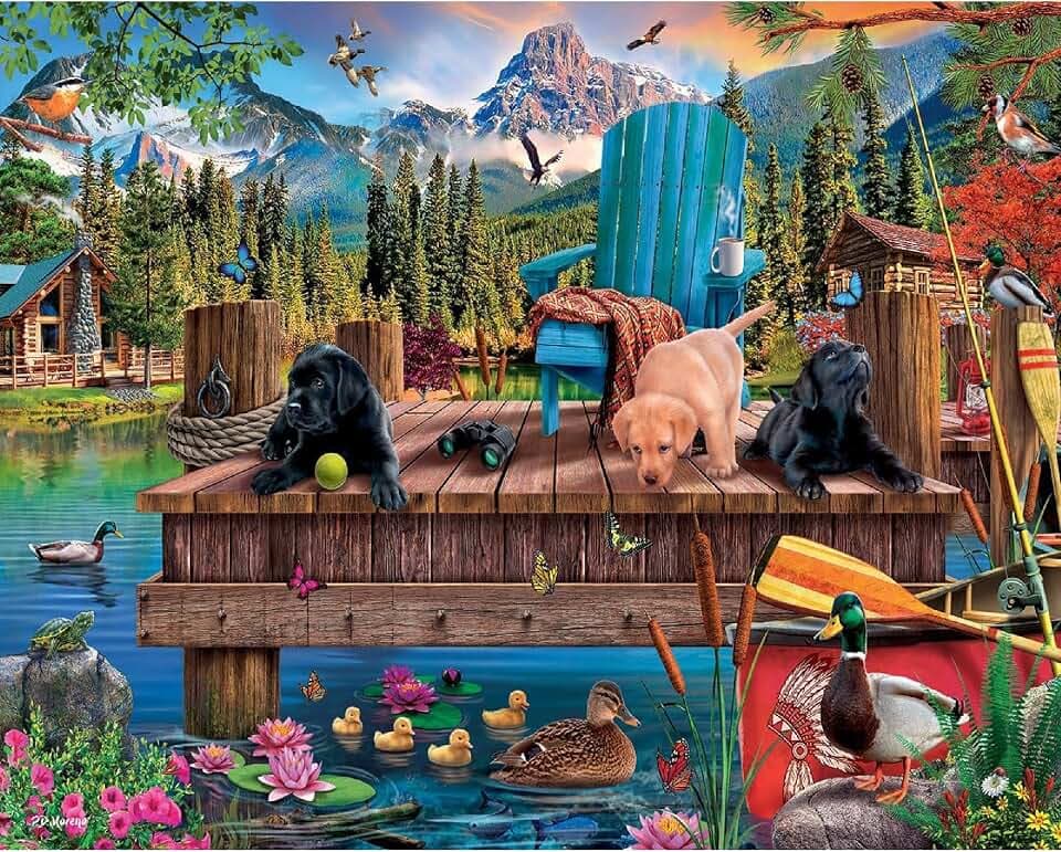 White Mountain 1000 Piece Jigsaw Puzzle Summer Dog Lake Day, Dock Dogs