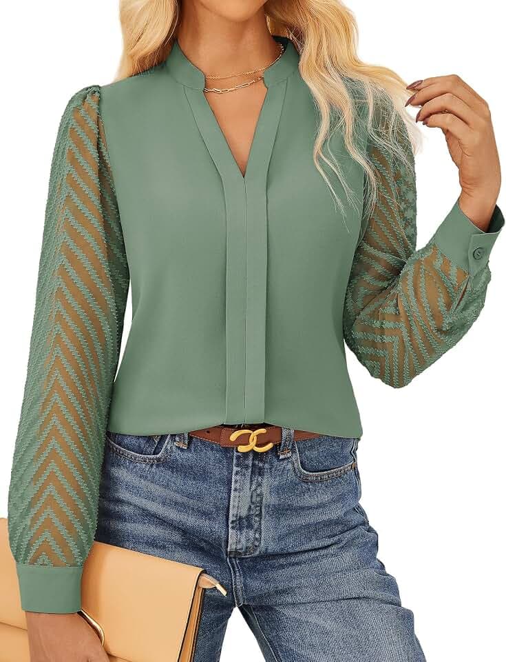 GRACE KARIN Damen Business Blusenshirt Elegante V-Ausschnitt Oberteile Spitze Transparenten Ärmel Büro Bluse