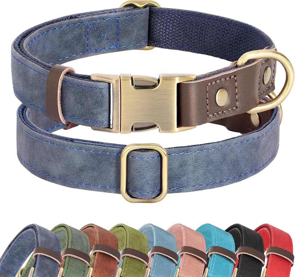 Didog PU Leather Dog Collar for Large Dogs, Soft Nylon Lining, Blue L