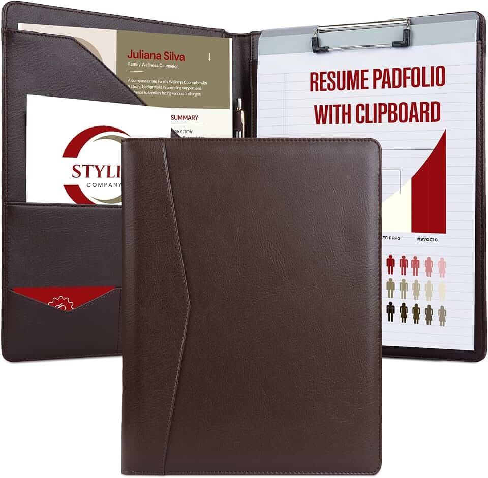 STYLIO Padfolio Folder with Removable Clipboard | Walnut (Brown) Color| Portfolio Organizer | Binder with Storage for Notebook, Notepad | Nursing Clipboard Folio | Vegan Leather