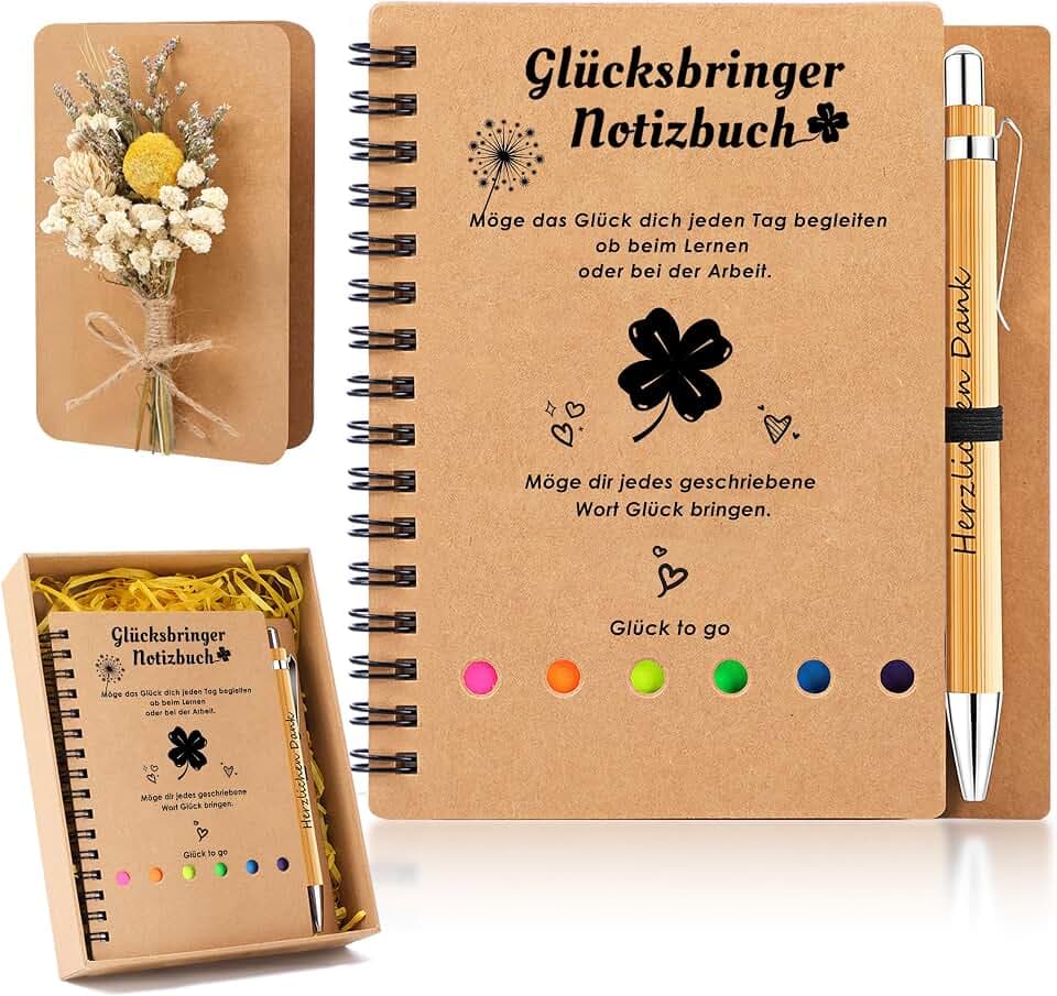 Abschiedsgeschenk Kollegen - Dankeschön Geschenke, Glücksbringer Geschenk Kollegin Vierblättriges Notizbuch und Abschiedskarte mit Trockenblumenstrau, Lustige Kleine Geschenke für Kollege Freunde