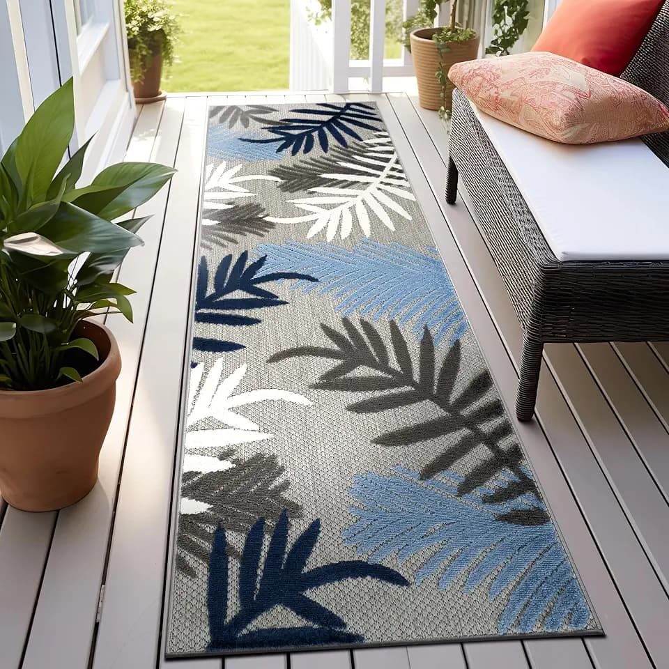 Rugshop Palm Indoor/Outdoor Easy Cleaning Runner Rug Blue 2'7" x 10'